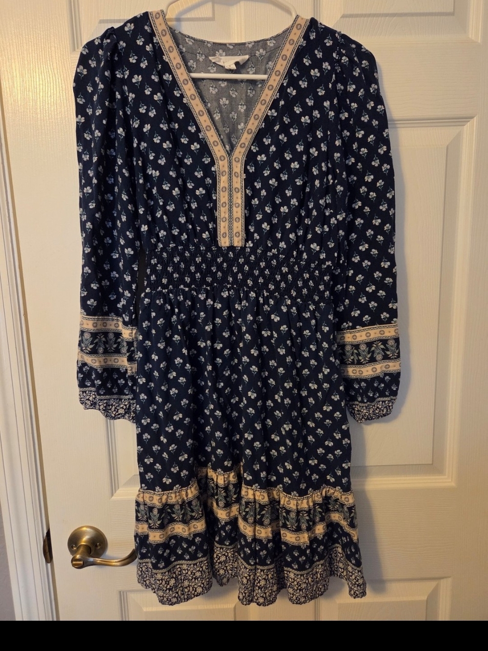 Navy Floral Long-Sleeve Smocked Waist Dress with Cream Trim